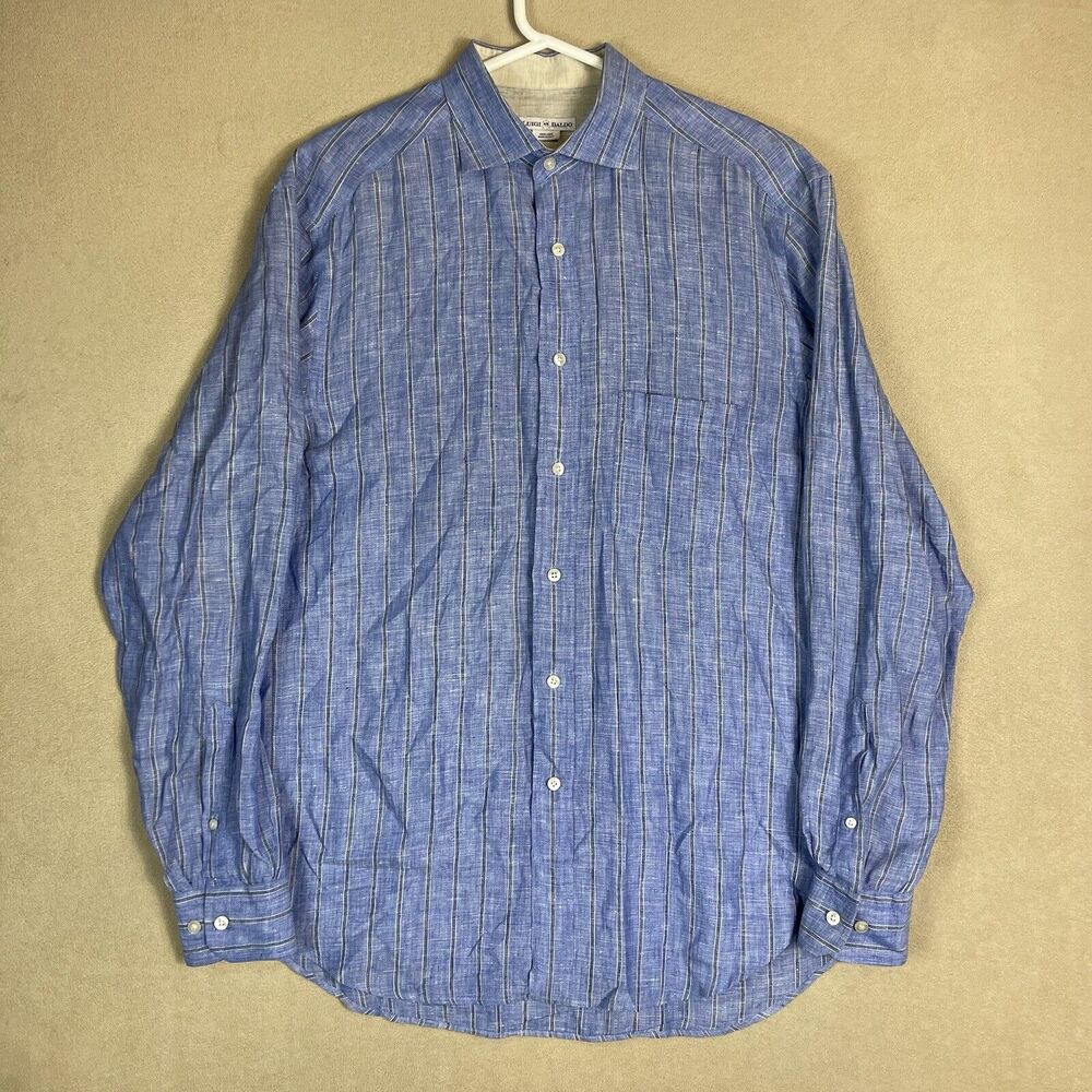 Luigi Baldo Shirt Mens Large Blue‎ Linen Beach Hawaiian Long Sleeve Adult
